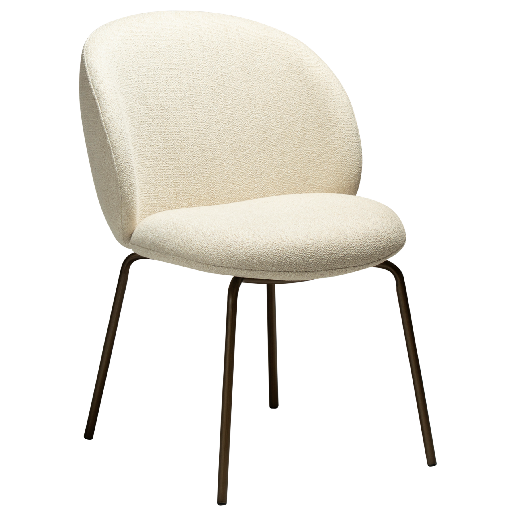 Era Chair in Simply Beige upholstery with rounded backrest, curved seat and slim Antique Brass legs.