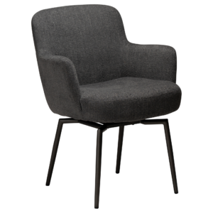 Ethos Swivel Armchair in Slate Grey upholstery with curved armrests and Antique Pewter legs.