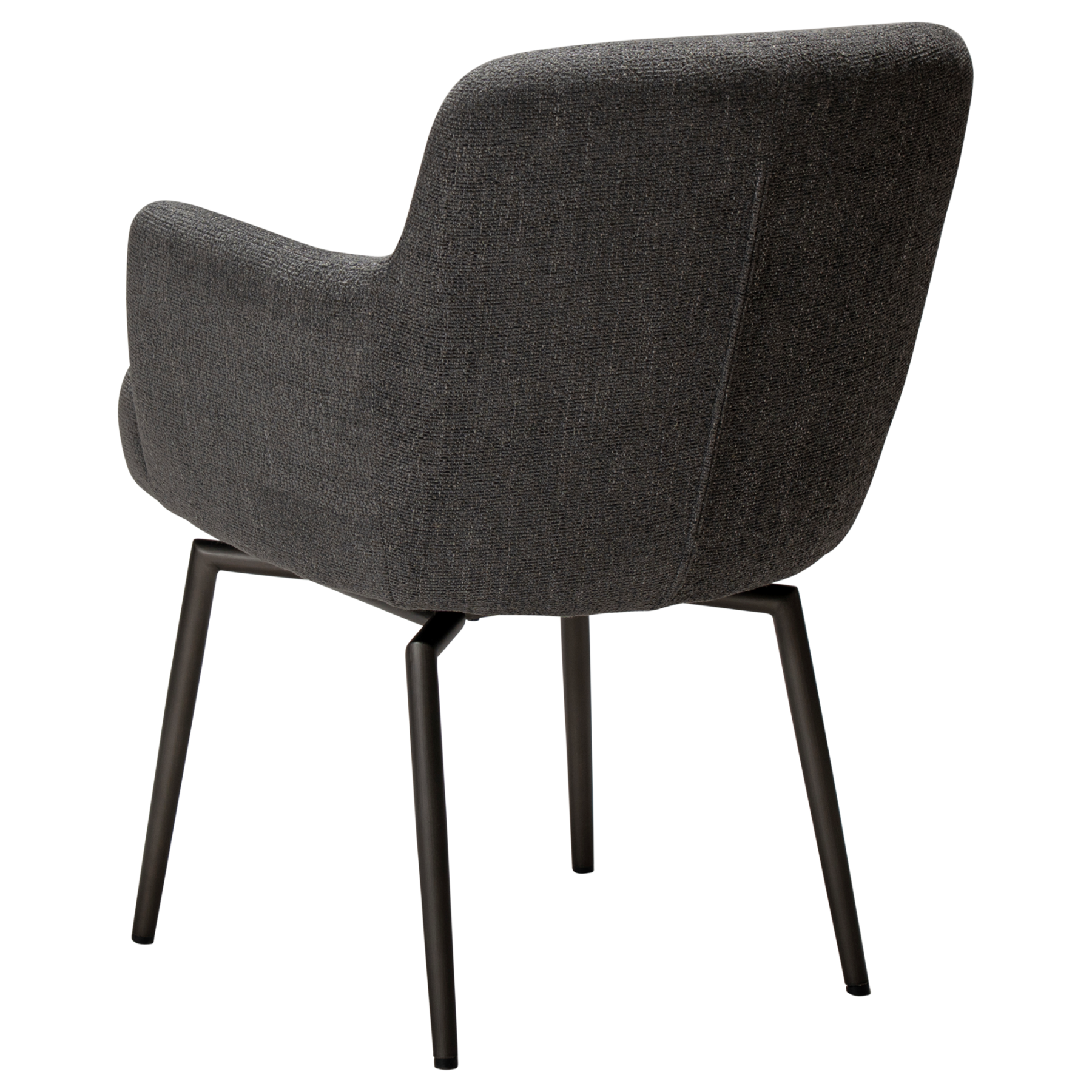 ethos-swivel-armchair-slate-grey-antique-pewter-legs-angled Ethos Swivel Armchair in Slate Grey upholstery with curved armrests and Antique Pewter legs.