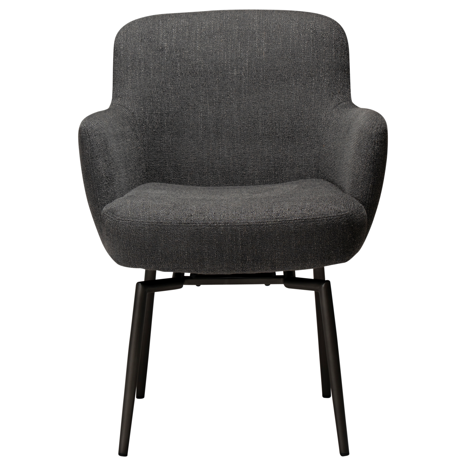 ethos-swivel-armchair-slate-grey-antique-pewter-legs-front Ethos Swivel Armchair in Slate Grey upholstery with curved armrests and Antique Pewter legs.
