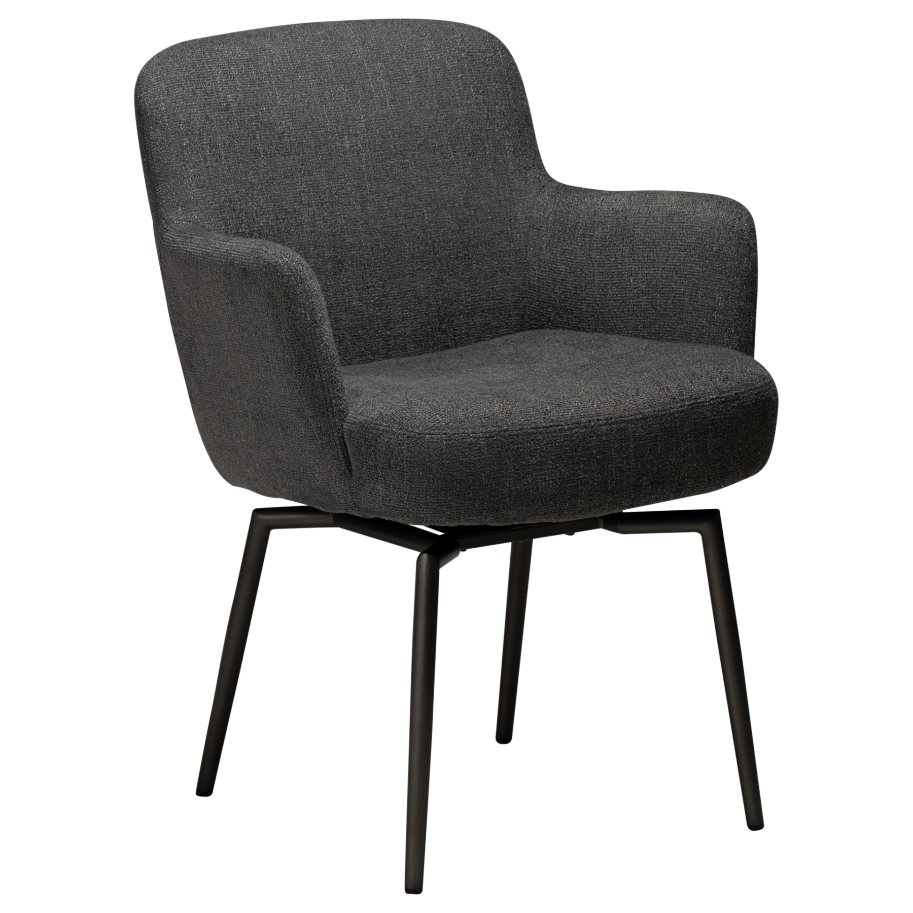 ethos-swivel-armchair-slate-grey-antique-pewter-legs Ethos Swivel Armchair in Slate Grey upholstery with curved armrests and Antique Pewter legs.
