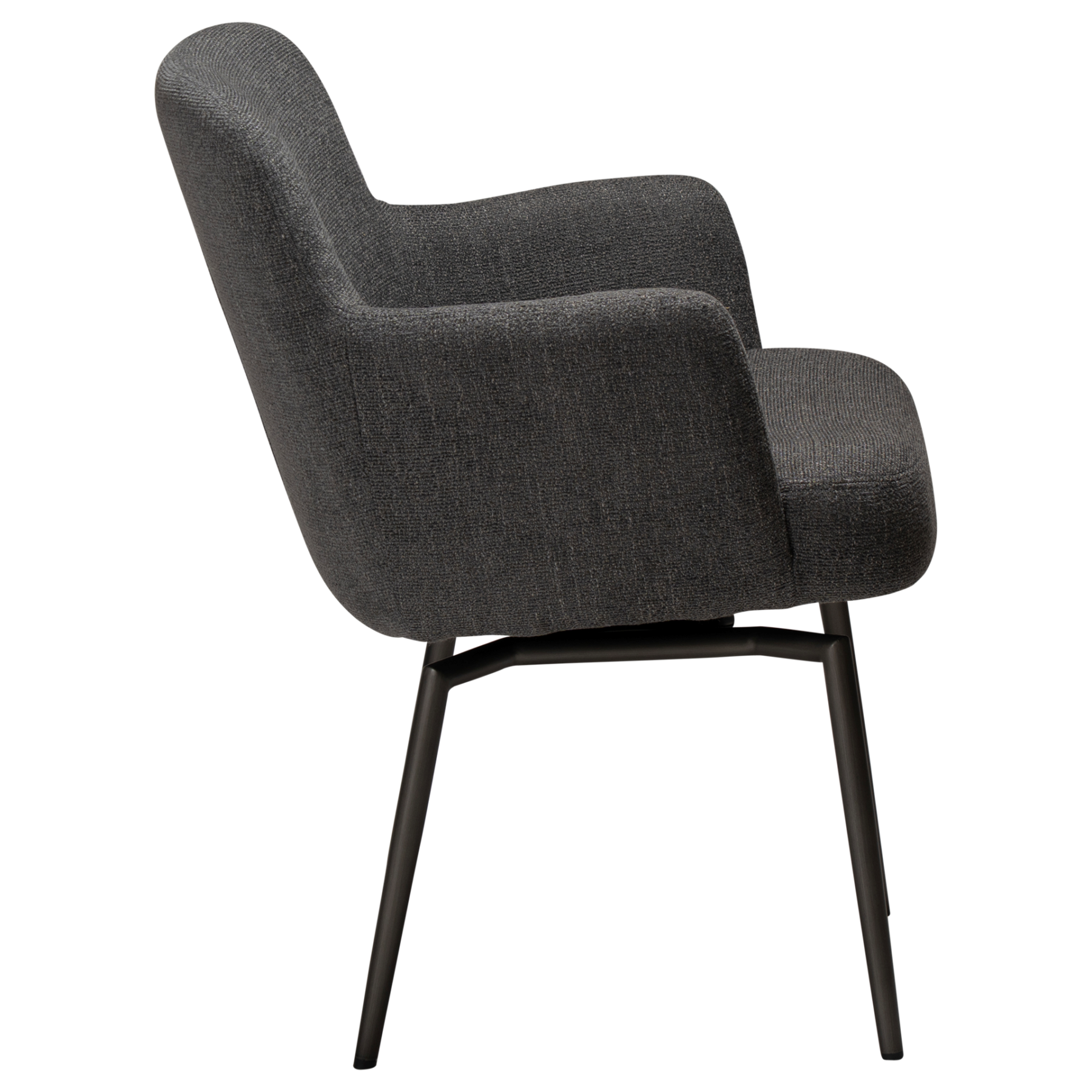 ethos-swivel-armchair-slate-grey-antique-pewter-legs-side Ethos Swivel Armchair in Slate Grey upholstery with curved armrests and Antique Pewter legs.