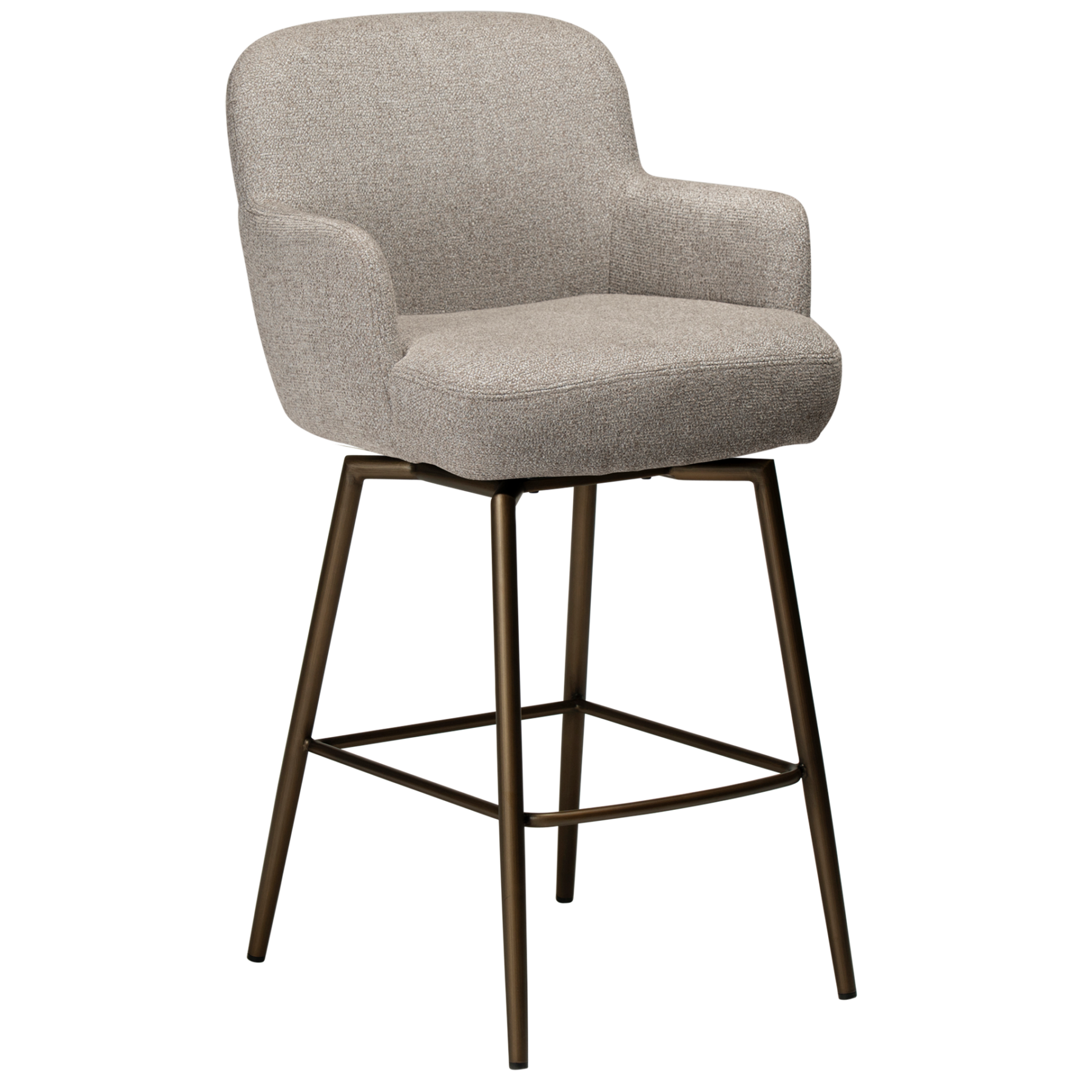 Ethos Swivel Counterstool in Pebble Earth upholstery with curved armrests, footrest and Antique Brass legs.