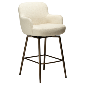 Ethos Swivel Counterstool in Simply Beige upholstery with curved armrests, footrest and Antique Brass legs.