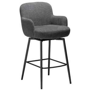 Ethos Swivel Counterstool in Slate Grey upholstery with curved armrests, integrated footrest and Antique Pewter legs.