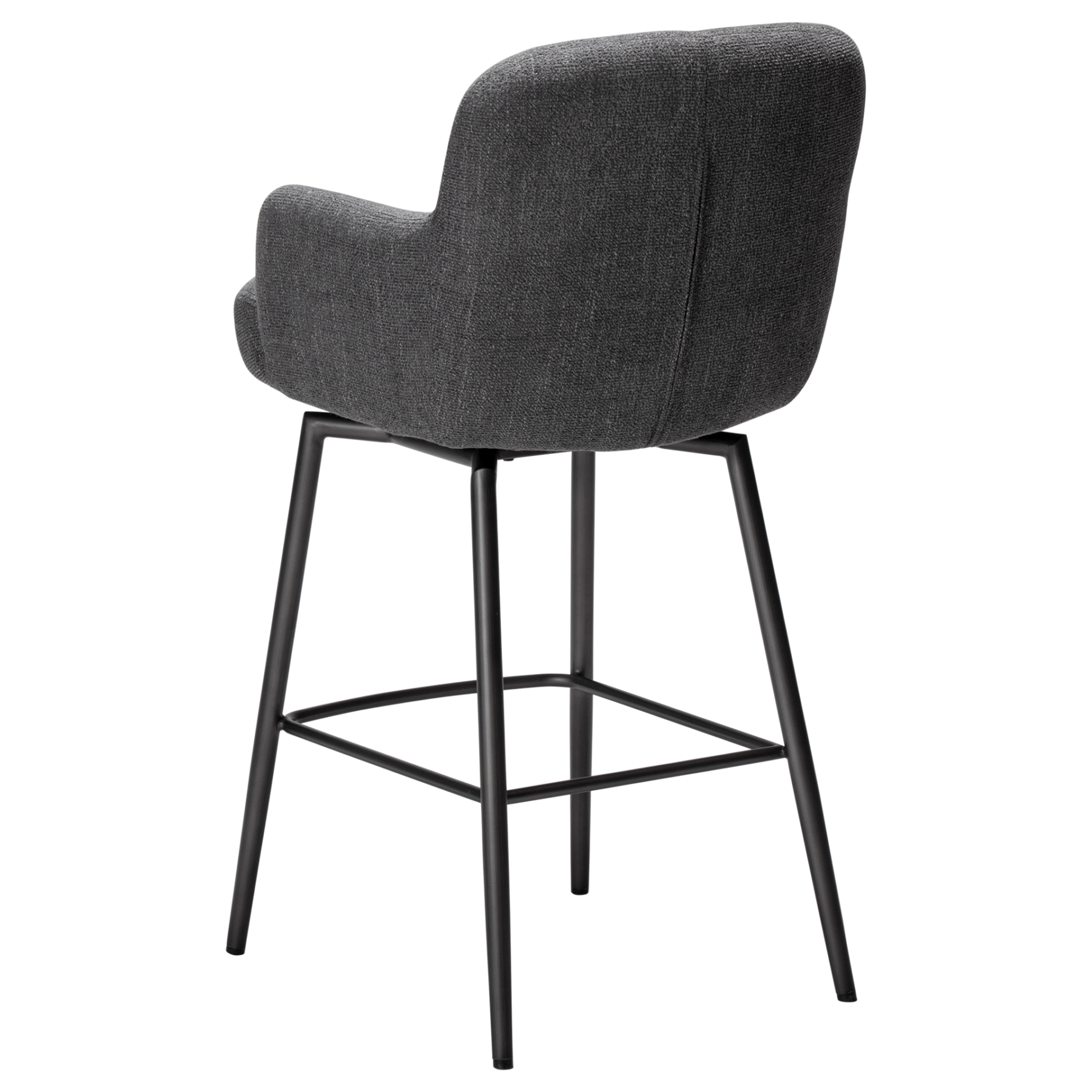 Ethos Swivel Counterstool in Slate Grey upholstery with curved armrests, integrated footrest and Antique Pewter legs.