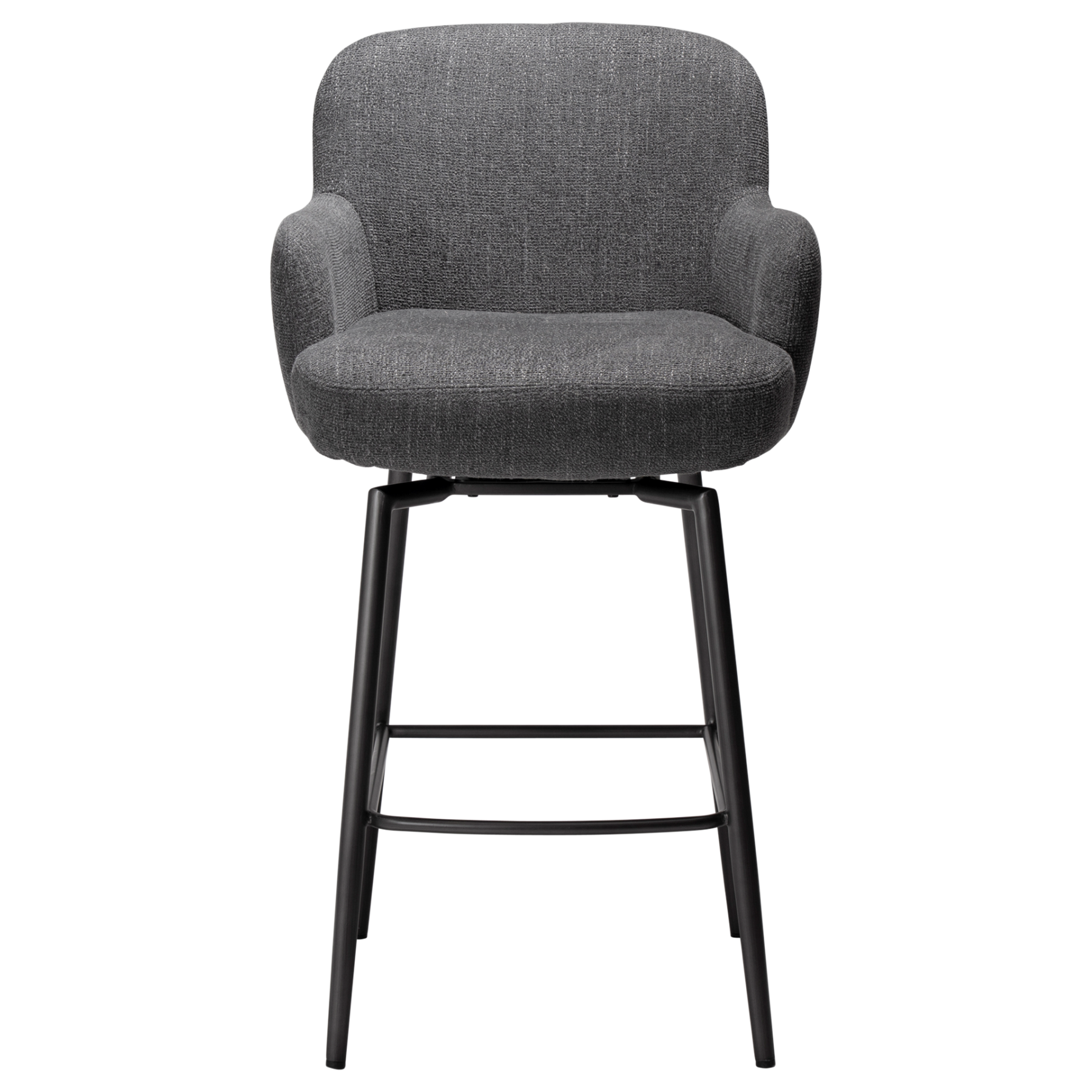 Ethos Swivel Counterstool in Slate Grey upholstery with curved armrests, integrated footrest and Antique Pewter legs.