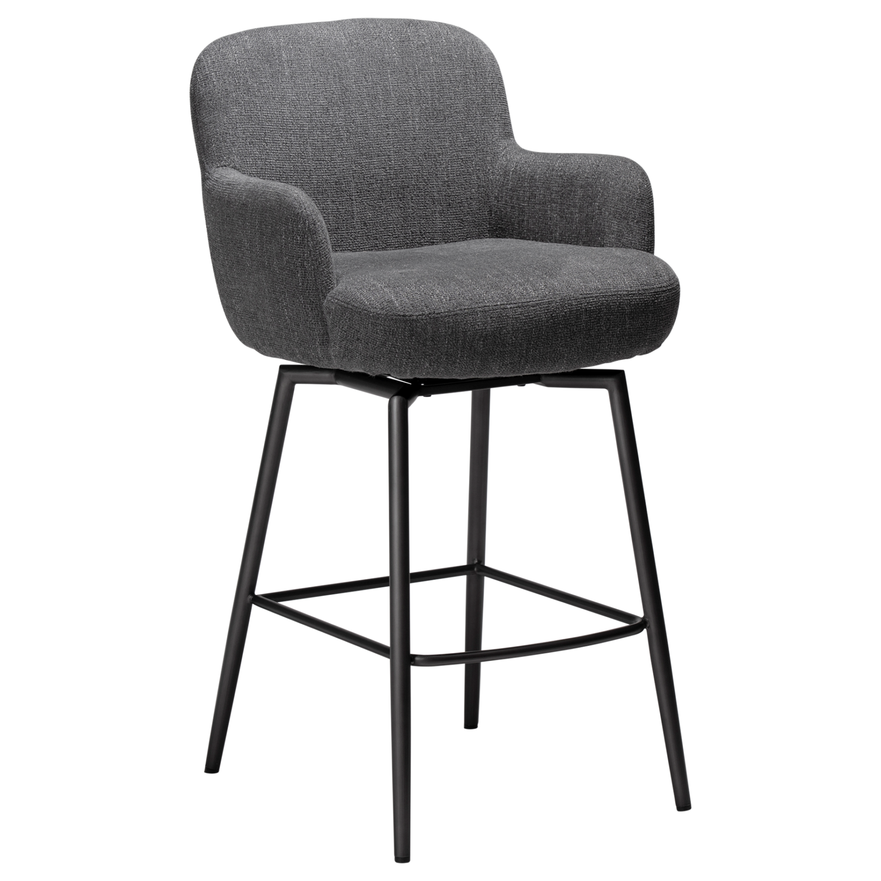 Ethos Swivel Counterstool in Slate Grey upholstery with curved armrests, integrated footrest and Antique Pewter legs.
