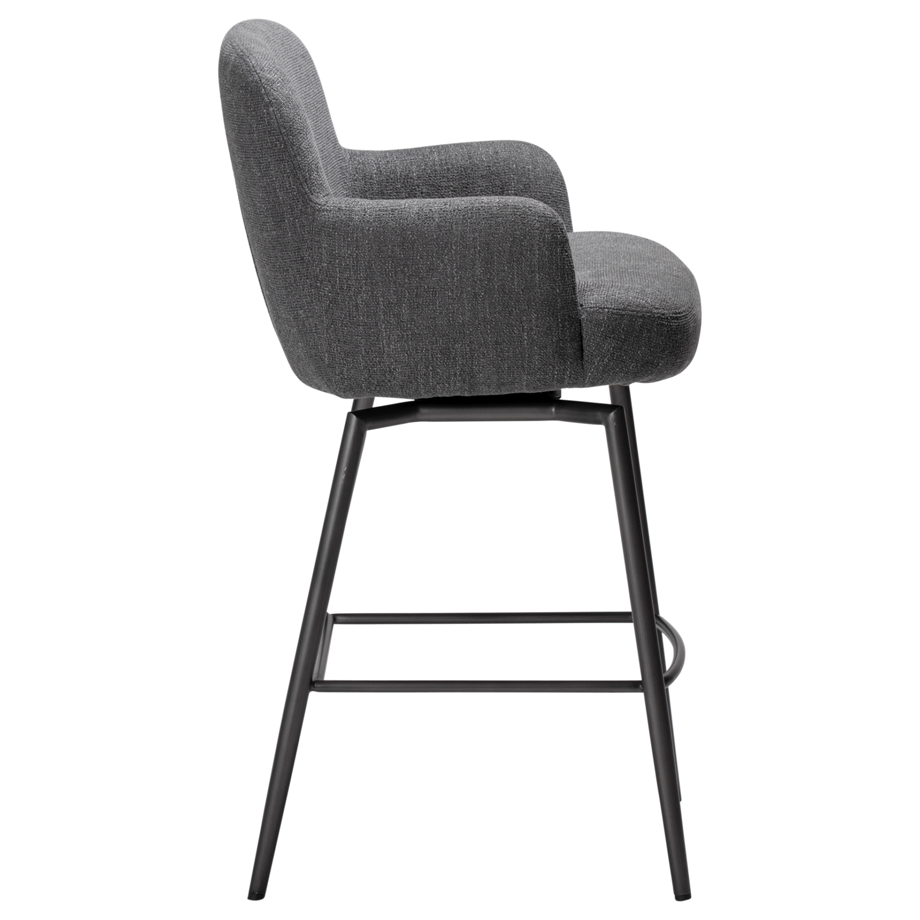 Ethos Swivel Counterstool in Slate Grey upholstery with curved armrests, integrated footrest and Antique Pewter legs.