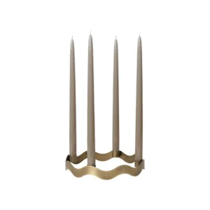 Halo four-candle holder in antique brass with sculptural wave-shaped iron frame