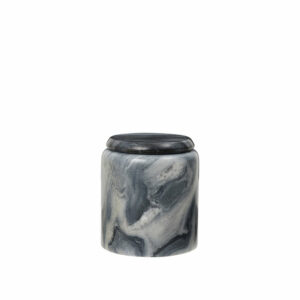 Hedvig Canister in black marble with a rounded lid and natural stone veining