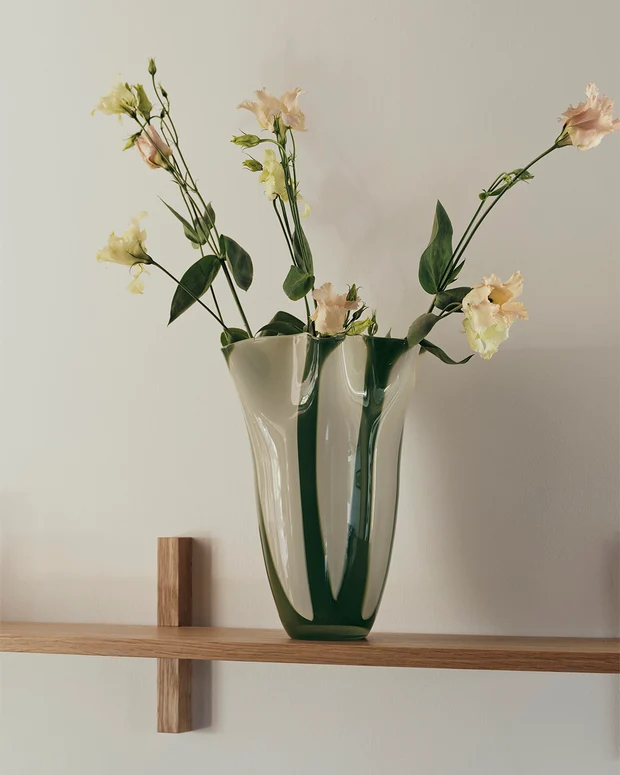 Liva Vase in Hunter Green and White Cream mouthblown glass with a decorative patterned finish