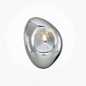Mabell Wall Light with sculptural curved glass shade, reflective finish and exposed central bulb.
