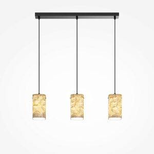 Maris 3 light linear pendant with black frame and three textured warm-toned shades.