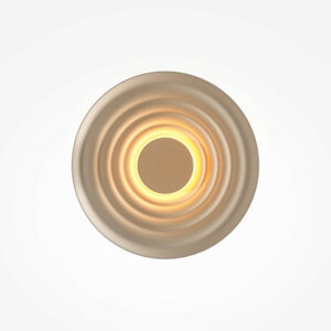 Nami champagne circular LED wall light with sculptural wave design and warm ambient glow.
