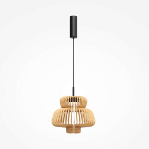 Namiki Pendant Light – Large with sculptural open wooden shade and black metal detailing.