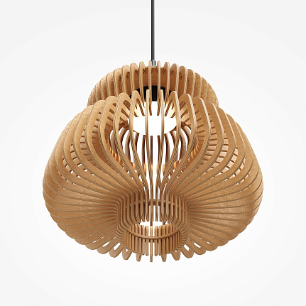 namiki-pendant-light-large-bottom Namiki Pendant Light – Large with sculptural open wooden shade and black metal detailing.