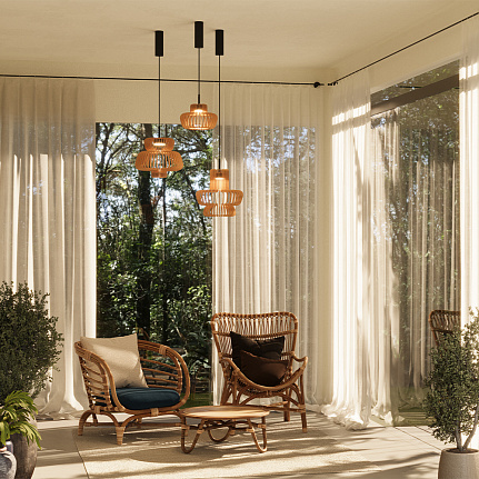 namiki-pendant-light-large-lifestyle Namiki Pendant Light – Large with sculptural open wooden shade and black metal detailing.