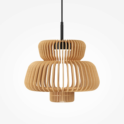 namiki-pendant-light-large-top Namiki Pendant Light – Large with sculptural open wooden shade and black metal detailing.