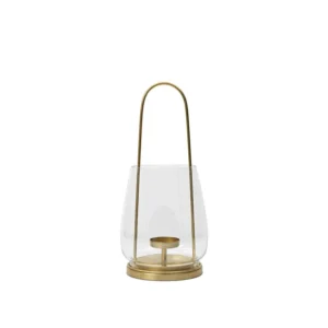 Nilo Lantern in brass-finish metal and clear glass with a tall contemporary design