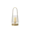 nilo-lantern-brass-metal-glass-with-candle Nilo Lantern in brass-finish metal and clear glass with a tall contemporary design