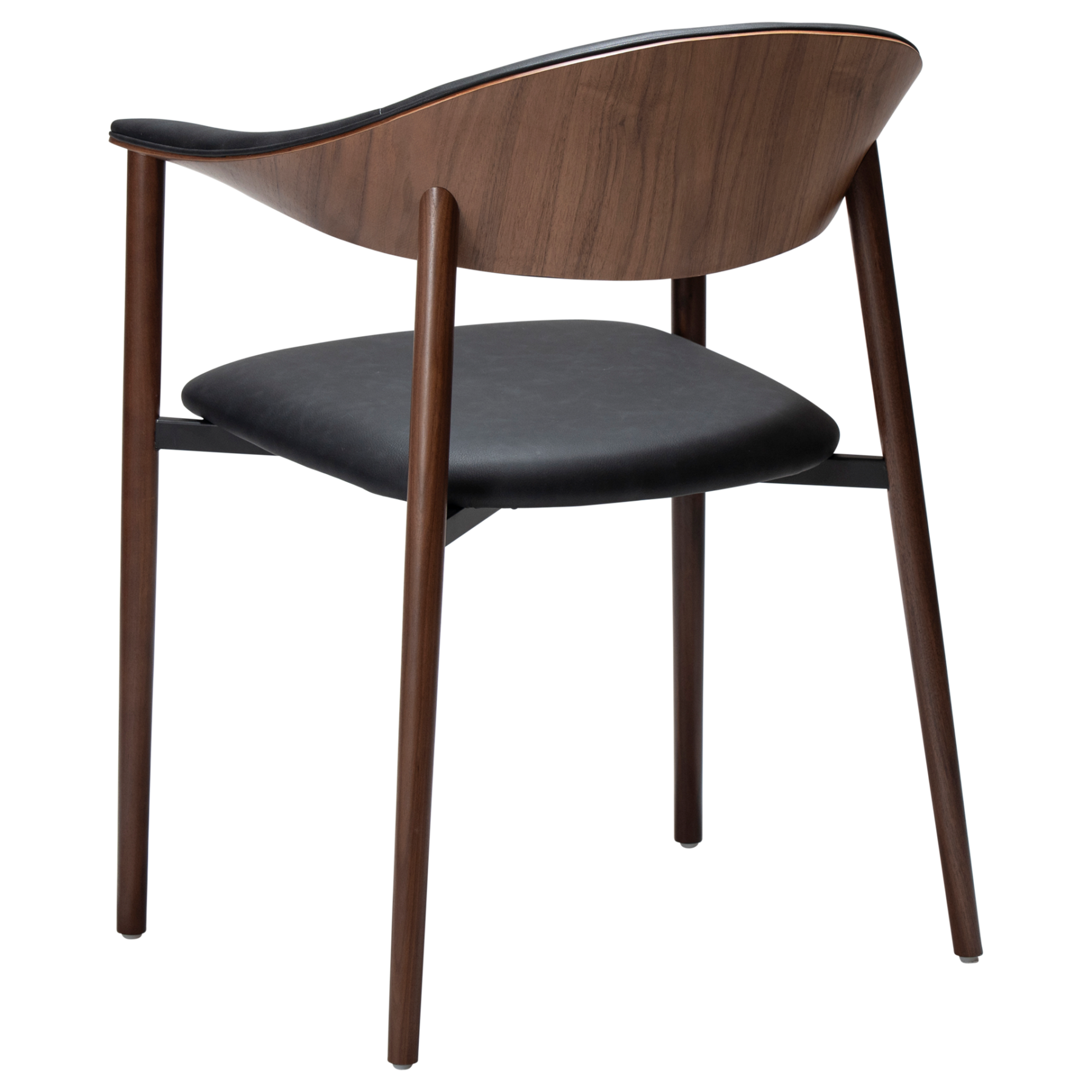 ravish-armchair-raven-black-walnut-veneer-legs-angled Ravish Armchair in Raven Black upholstery with curved walnut veneer back, integrated armrests and walnut legs.