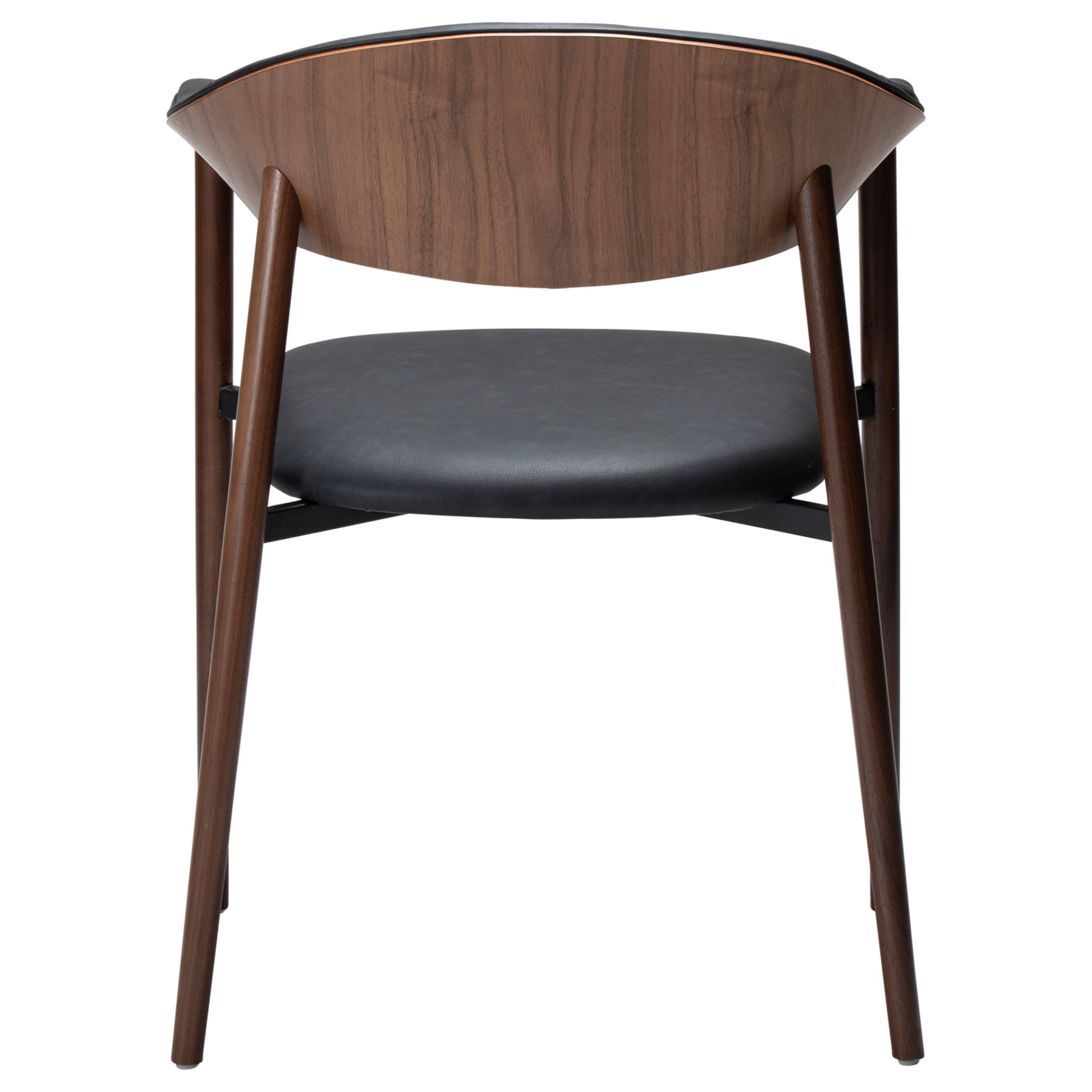 ravish-armchair-raven-black-walnut-veneer-legs-back Ravish Armchair in Raven Black upholstery with curved walnut veneer back, integrated armrests and walnut legs.