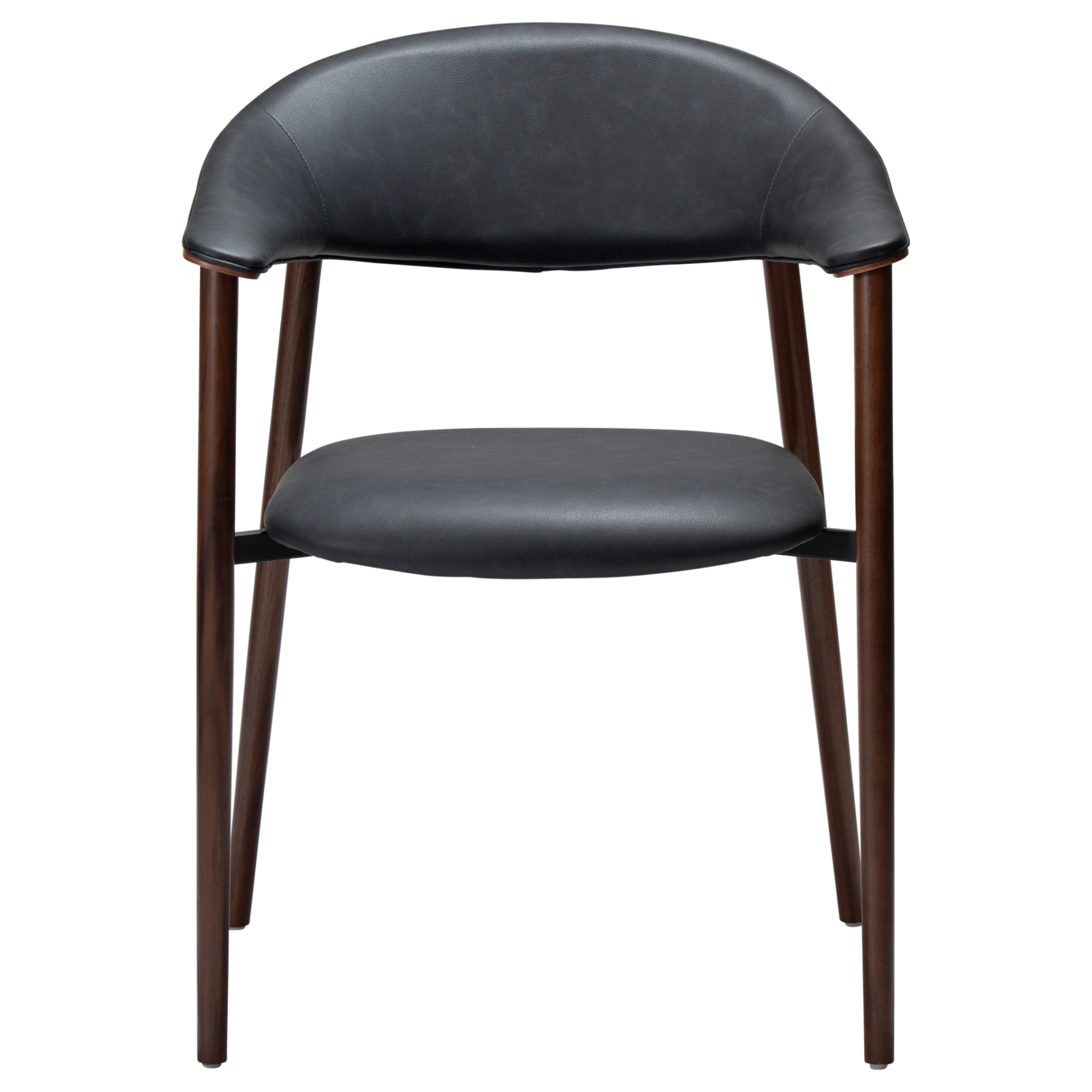 ravish-armchair-raven-black-walnut-veneer-legs-front Ravish Armchair in Raven Black upholstery with curved walnut veneer back, integrated armrests and walnut legs.