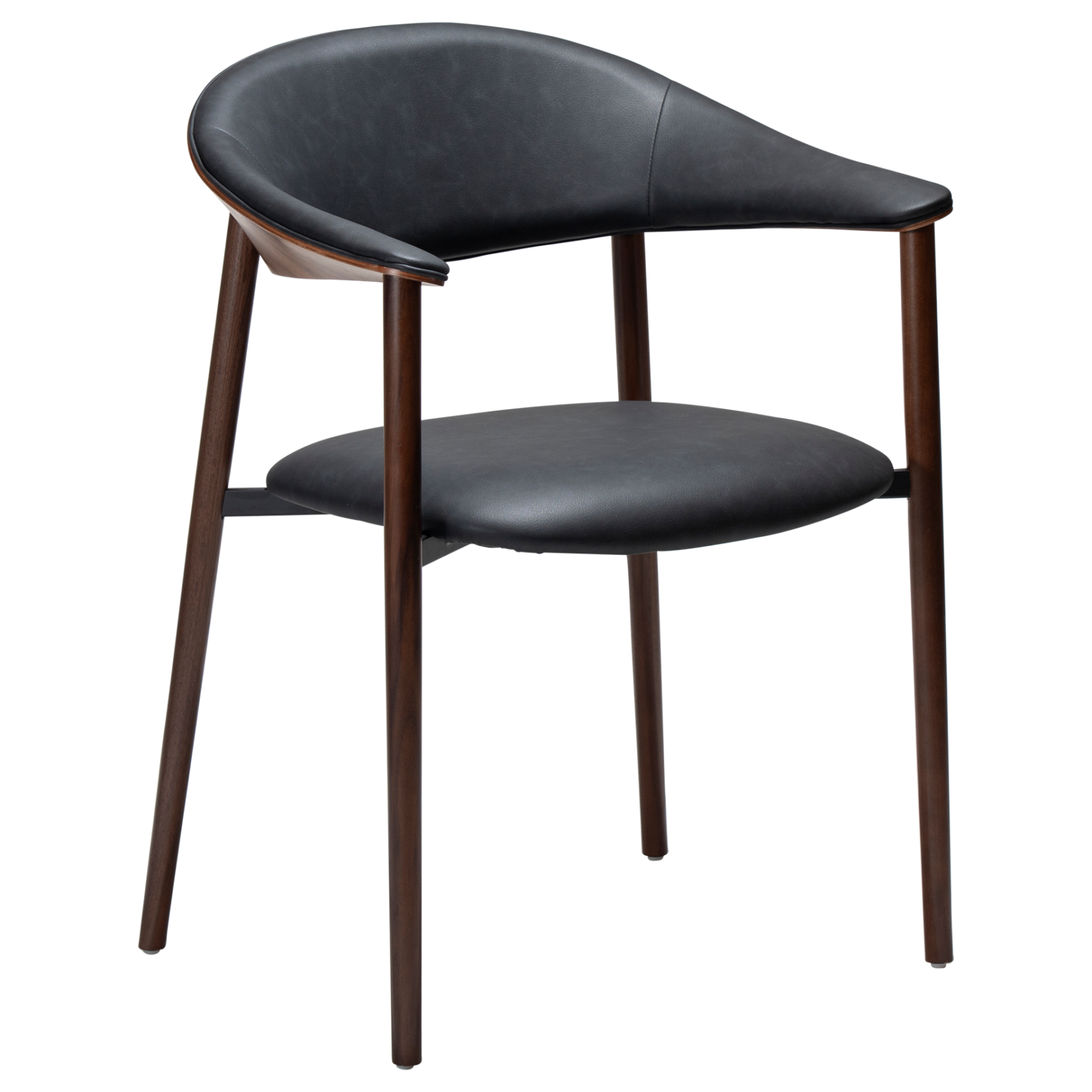 ravish-armchair-raven-black-walnut-veneer-legs Ravish Armchair in Raven Black upholstery with curved walnut veneer back, integrated armrests and walnut legs.
