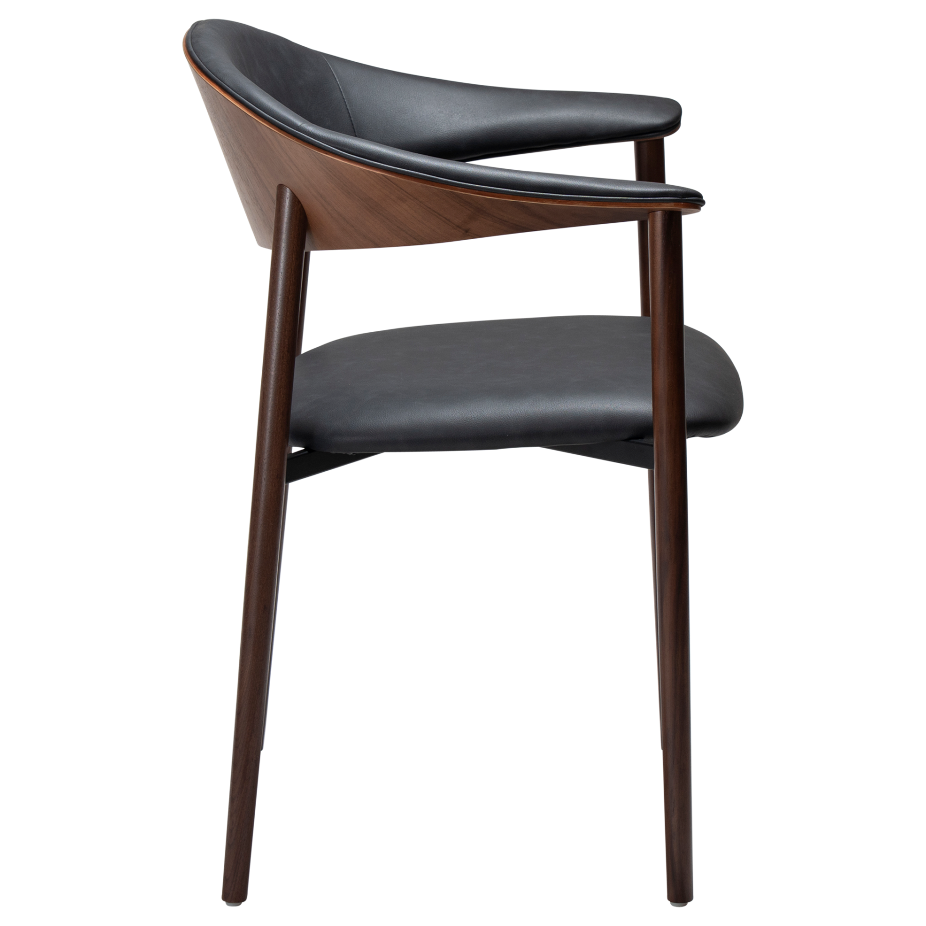 ravish-armchair-raven-black-walnut-veneer-legs-side Ravish Armchair in Raven Black upholstery with curved walnut veneer back, integrated armrests and walnut legs.