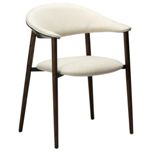 Ravish Armchair in Simply Beige bouclé with curved upholstered back, mocca stained ash veneer and matching timber legs.
