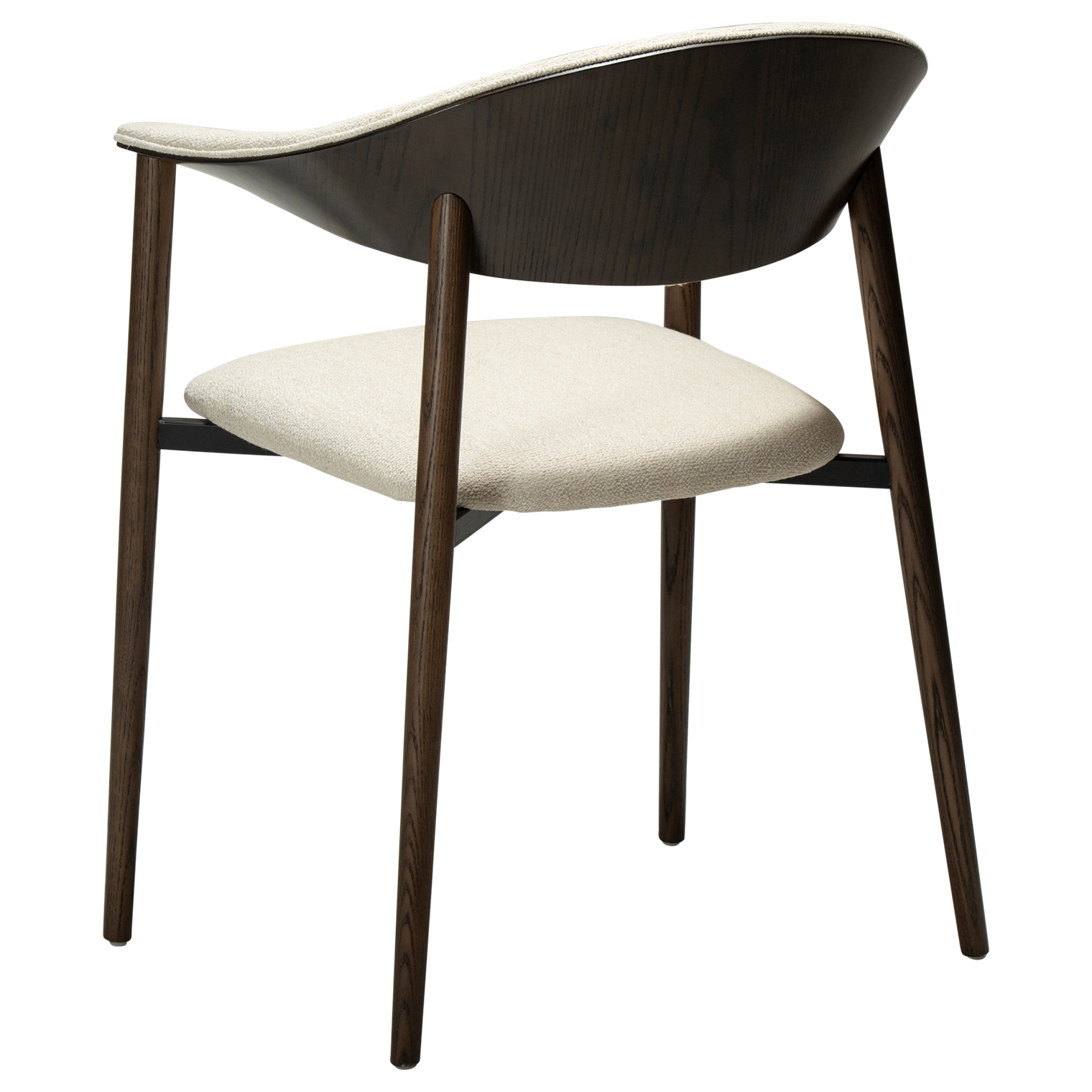 ravish-armchair-simply-beige-boucle-mocca-stained-ash-veneer-angled Ravish Armchair in Simply Beige bouclé with curved upholstered back, mocca stained ash veneer and matching timber legs.