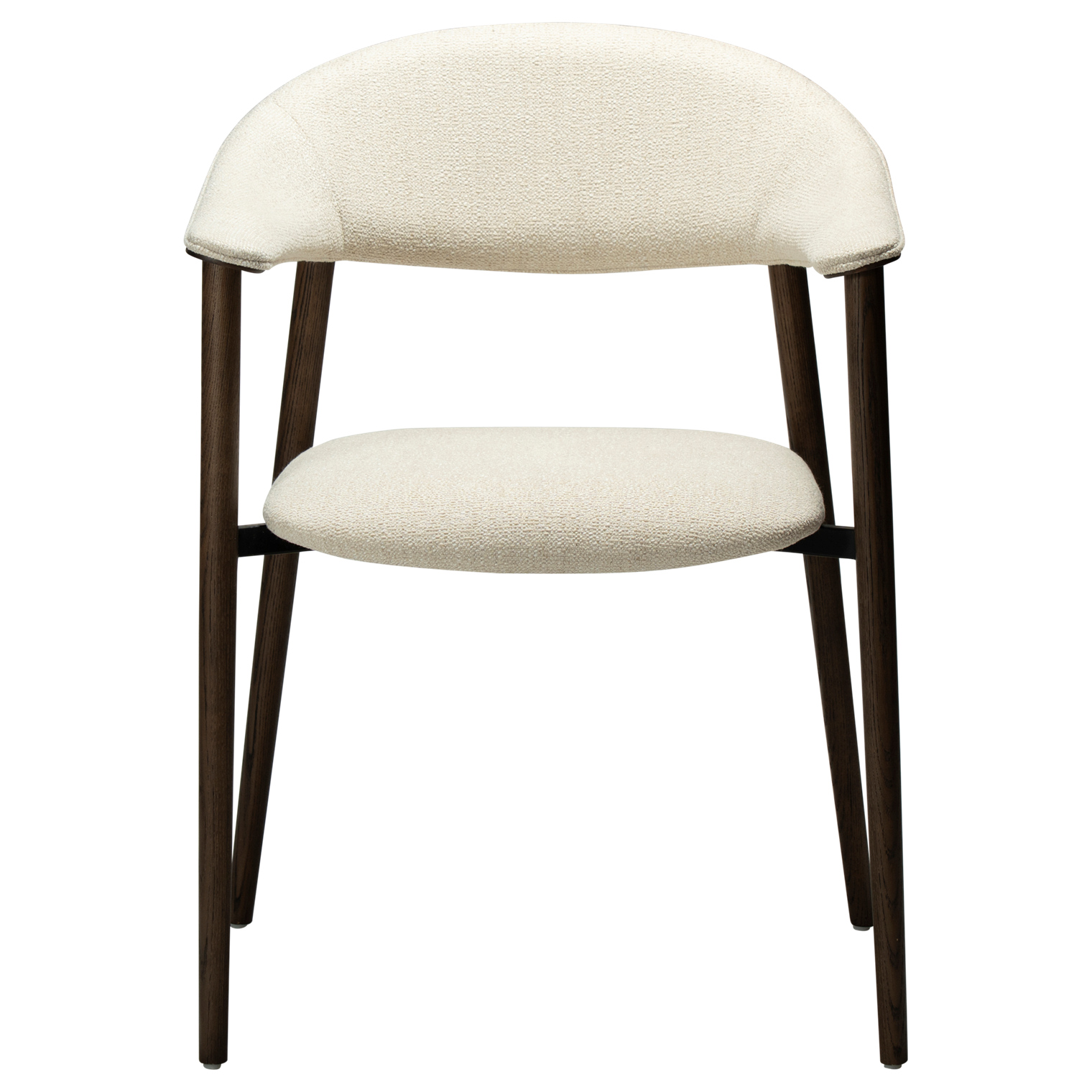ravish-armchair-simply-beige-boucle-mocca-stained-ash-veneer-front Ravish Armchair in Simply Beige bouclé with curved upholstered back, mocca stained ash veneer and matching timber legs.