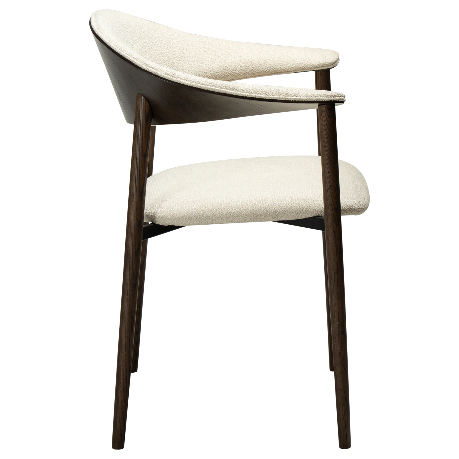 ravish-armchair-simply-beige-boucle-mocca-stained-ash-veneer-side Ravish Armchair in Simply Beige bouclé with curved upholstered back, mocca stained ash veneer and matching timber legs.