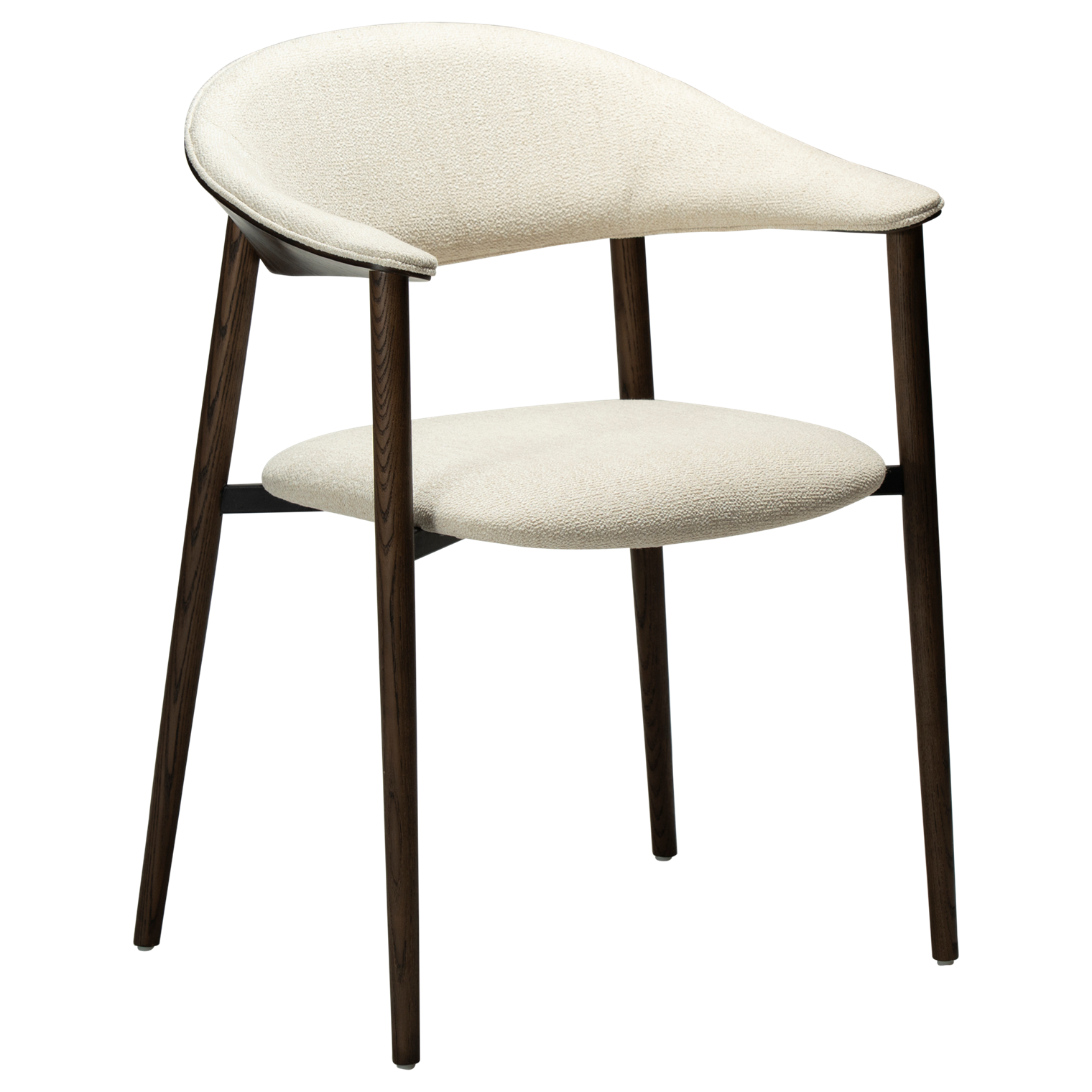 ravish-armchair-simply-beige-boucle-mocca-stained-ash-veneer Ravish Armchair in Simply Beige bouclé with curved upholstered back, mocca stained ash veneer and matching timber legs.