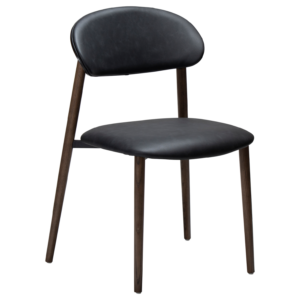 Ravish dining chair in Raven Black faux leather with a curved mocca stained ash veneer back and matching timber legs.