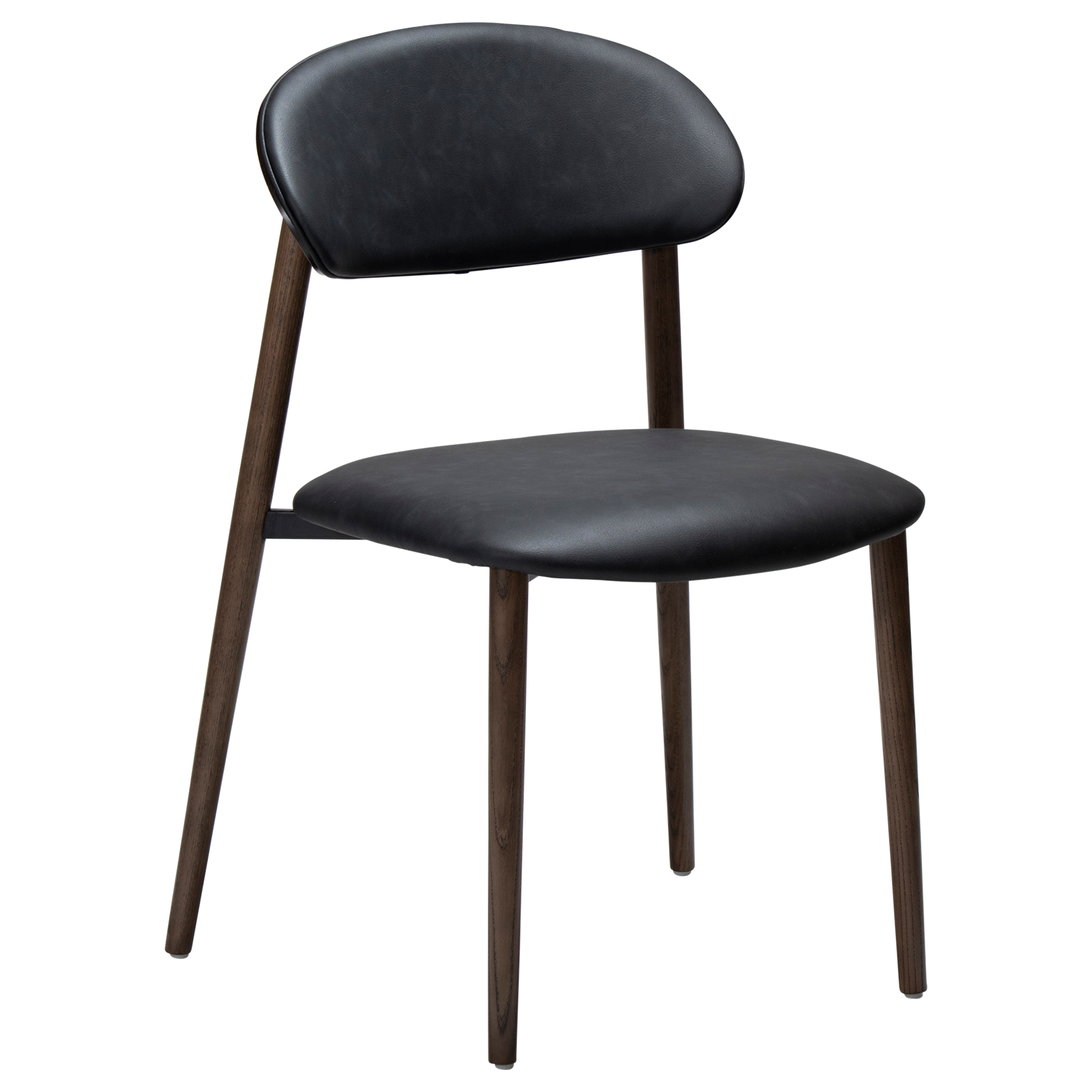 ravish-chair-raven-black-faux-leather-mocca-stained-ash-veneer Ravish dining chair in Raven Black faux leather with a curved mocca stained ash veneer back and matching timber legs.