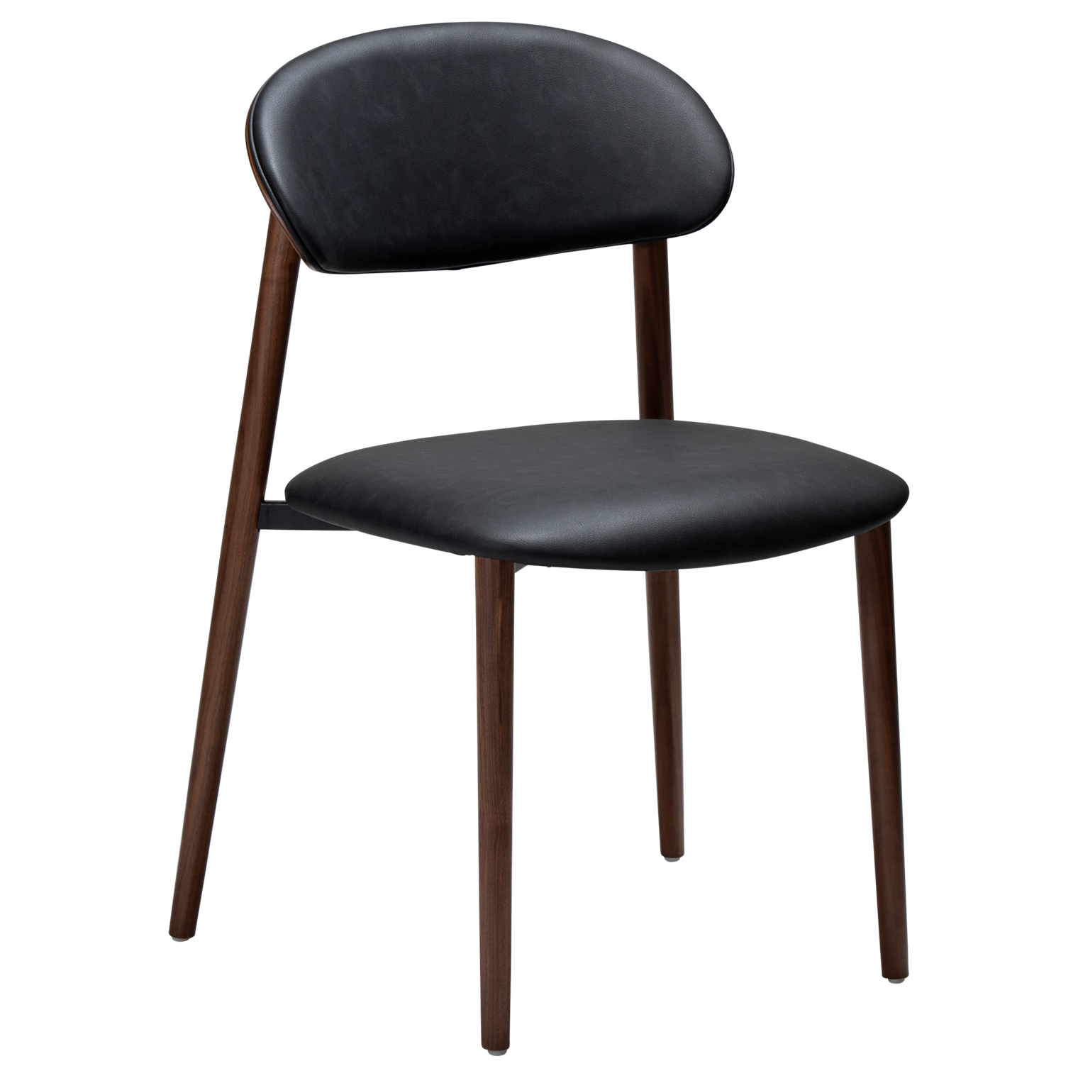 ravish-chair-raven-black-faux-leather-walnut-veneer Ravish dining chair in Raven Black faux leather with a curved walnut veneer back and matching walnut legs.