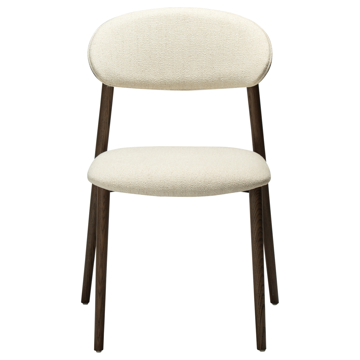 ravish-chair-simply-beige-mocca-stained-ash-veneer-front Ravish dining chair in Simply Beige fabric with a curved mocca stained ash veneer back and matching timber legs.
