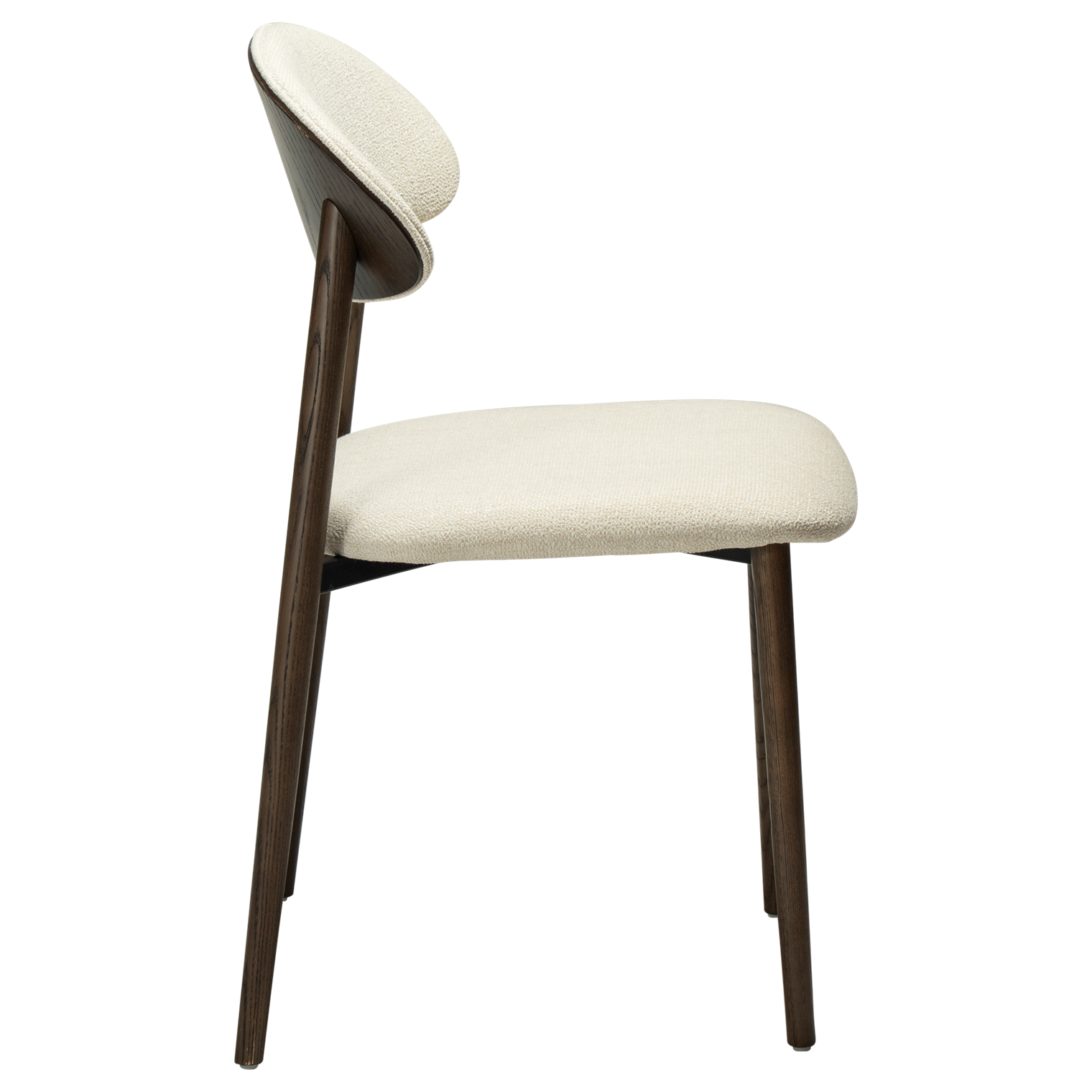 ravish-chair-simply-beige-mocca-stained-ash-veneer-side Ravish dining chair in Simply Beige fabric with a curved mocca stained ash veneer back and matching timber legs.
