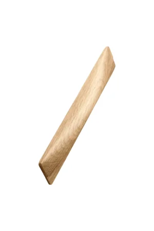 Taurus clear lacquered oak cabinet handle with sculptural Scandinavian design for kitchen cabinets, drawers, wardrobes, and bespoke furniture