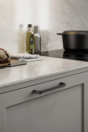 Terra matt black cast iron cabinet handle for kitchen cabinets, drawers, wardrobes, and bespoke furniture.