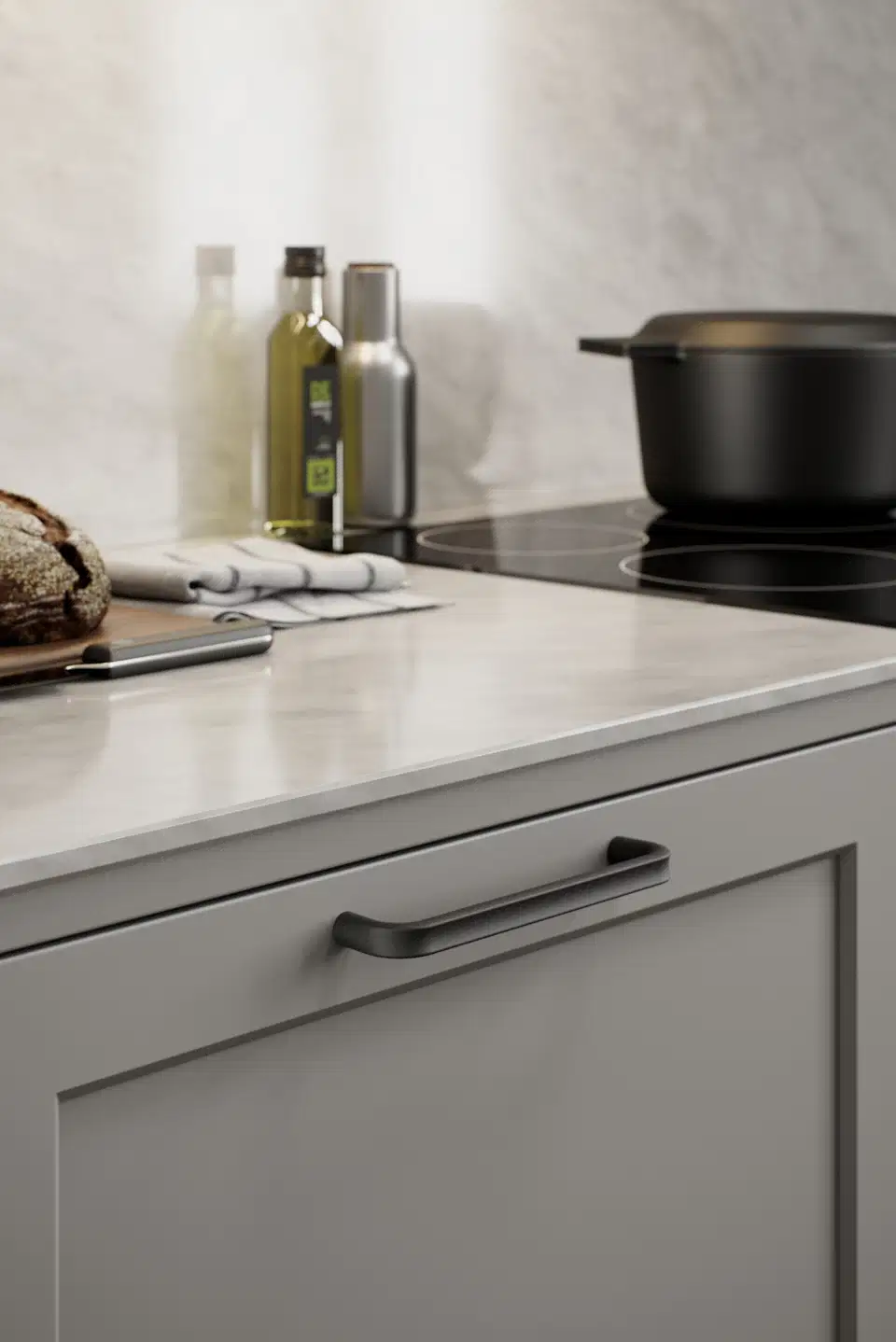 Terra matt black cast iron cabinet handle for kitchen cabinets, drawers, wardrobes, and bespoke furniture.