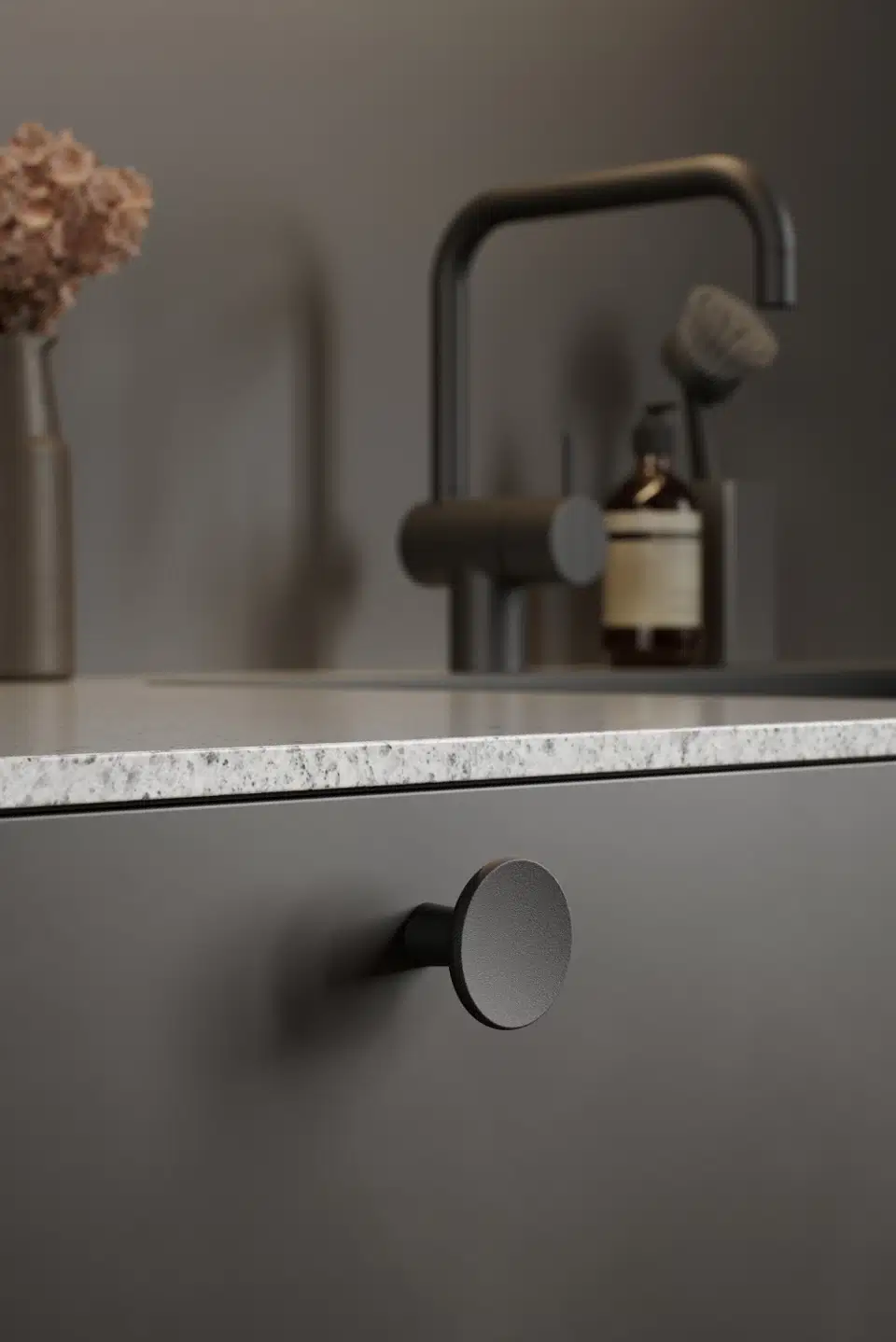 Terra matt black cast iron cabinet knob for kitchen cabinets, drawers, wardrobes, and bespoke furniture.