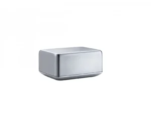 Stainless steel butter dish with a brushed finish and contemporary rectangular design